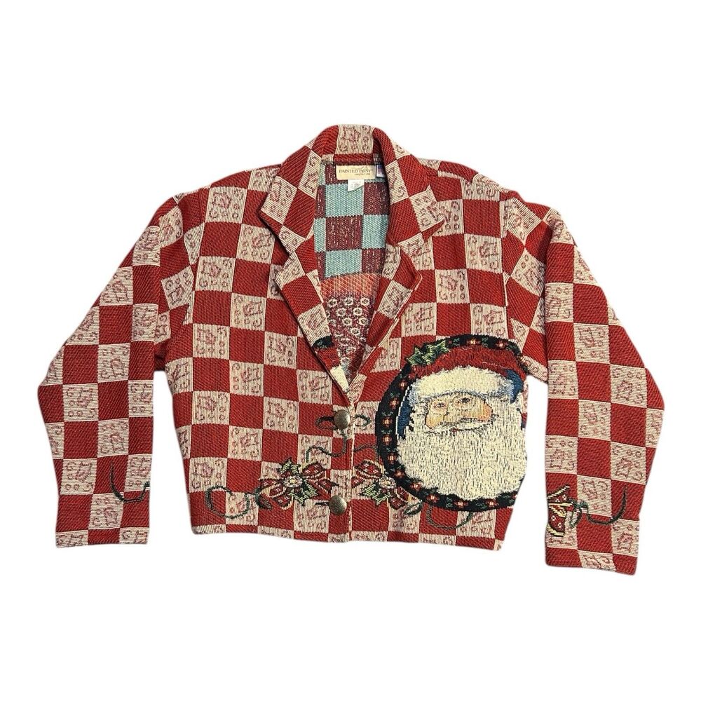 Vintage Painted Pony Tapestry Christmas Jacket Blazer Santa Claus Red Womens M